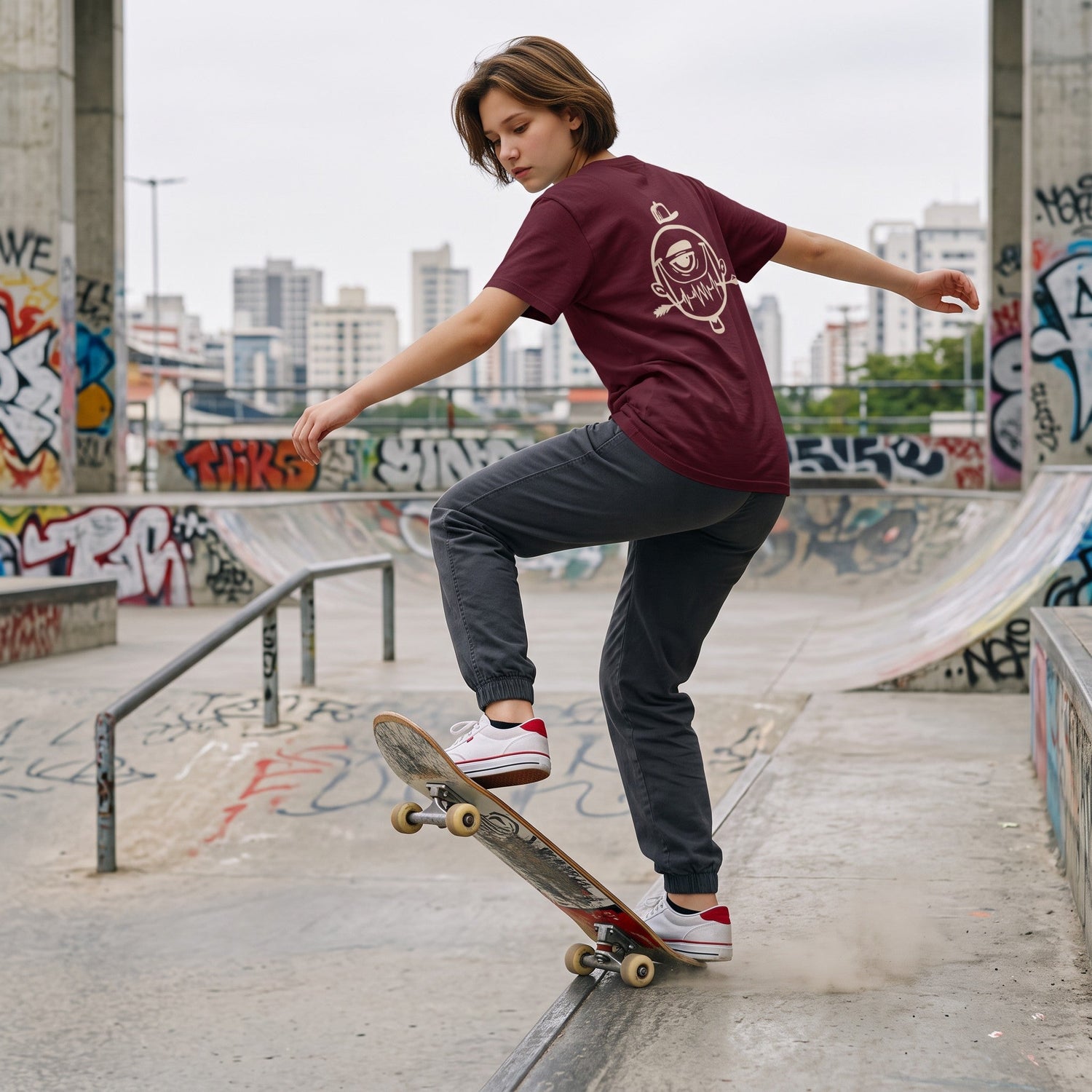 Mujer patinando con camiseta ISIZWE burdeos de algodón orgánico con estampado gráfico artístico en la espalda