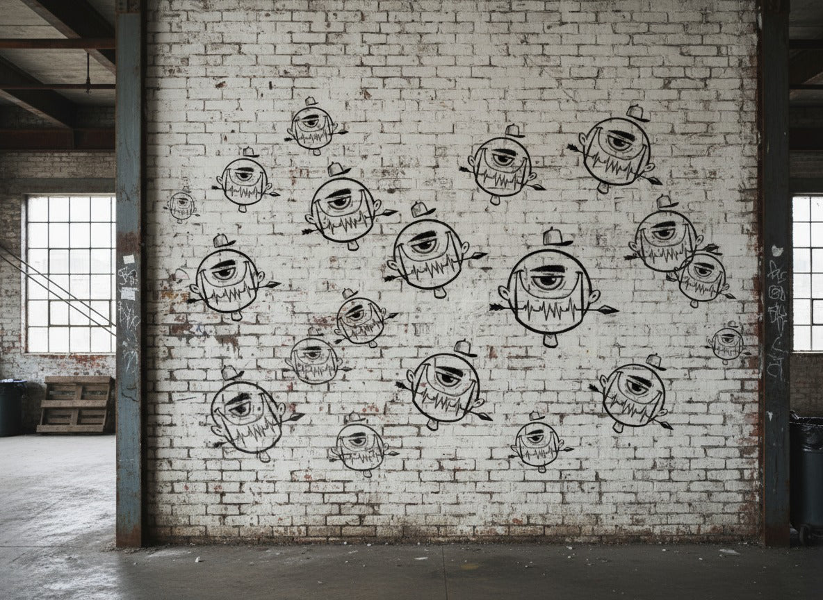 grafitis de la carita ciclope de Isizwe en una pared industrial - marca streetlife
